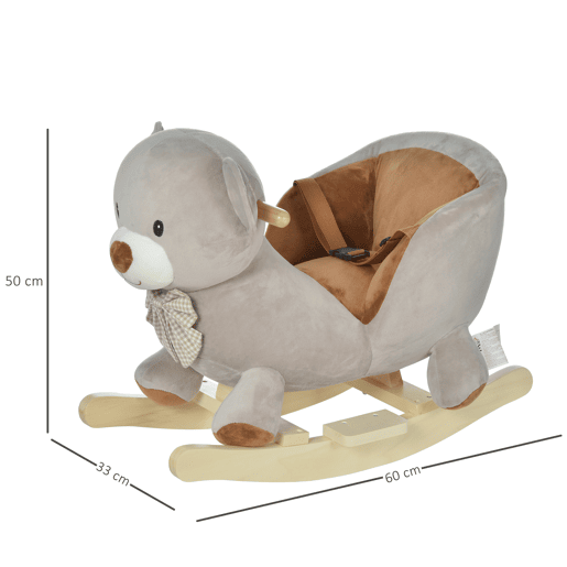 HOMCOM Cavalo de balanço para bebê acima de 18 meses Cavalo Baloiço de pelúcia macio com forma de urso com guiador e apoio de pés 60x33x50 cm Cinza