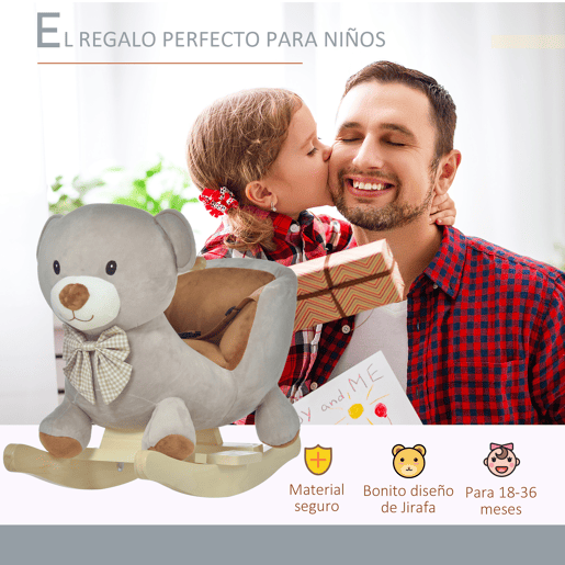 HOMCOM Cavalo de balanço para bebê acima de 18 meses Cavalo Baloiço de pelúcia macio com forma de urso com guiador e apoio de pés 60x33x50 cm Cinza