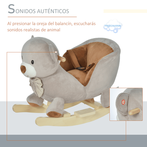 HOMCOM Cavalo de balanço para bebê acima de 18 meses Cavalo Baloiço de pelúcia macio com forma de urso com guiador e apoio de pés 60x33x50 cm Cinza