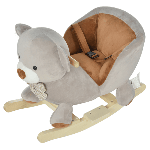 HOMCOM Cavalo de balanço para bebê acima de 18 meses Cavalo Baloiço de pelúcia macio com forma de urso com guiador e apoio de pés 60x33x50 cm Cinza