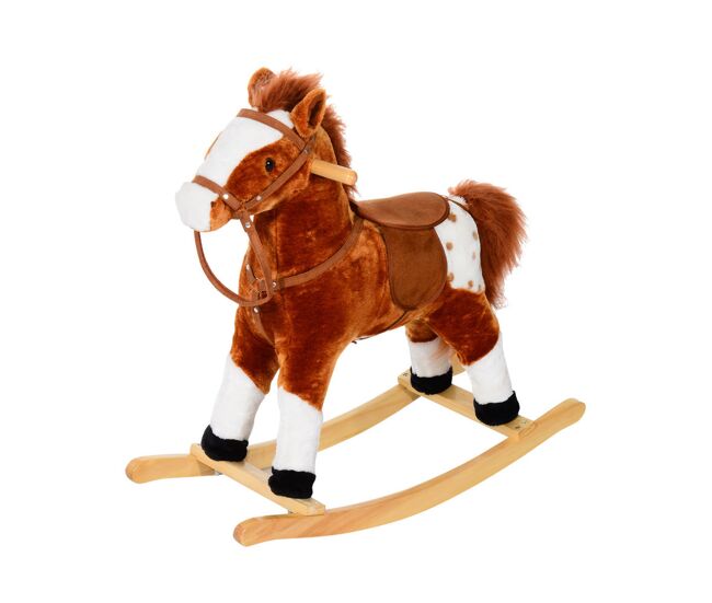 Homcom caballito balancín de felpa suave para niños de 3-6 años caballo de juguete con sonidos de relincho 74x28x65 cm marrón