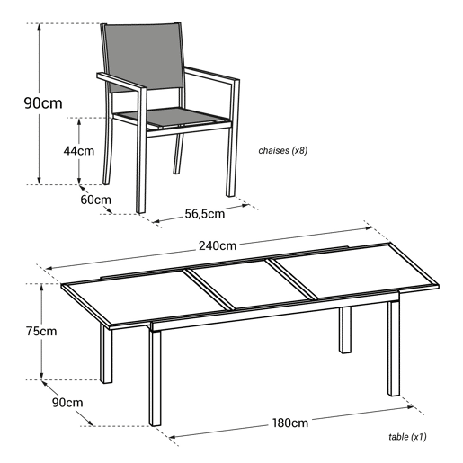 Conjunto de jardín extensible FIRENZE 8 plazas en textileno gris - aluminio antracita