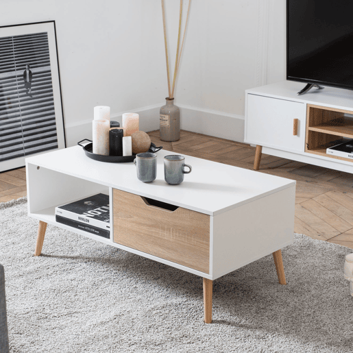 Mesa baja blanca de estilo escandinavo con cajón FREJA