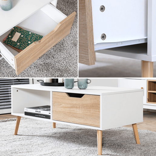 Mesa baja blanca de estilo escandinavo con cajón FREJA