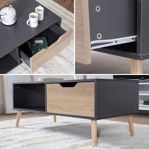 Mesa baja gris de estilo escandinavo con cajón FREJA