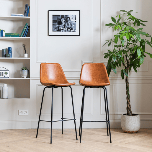 Lote de 2 taburetes de bar vintage LUCIEN cognac - Altura del asiento 75cm