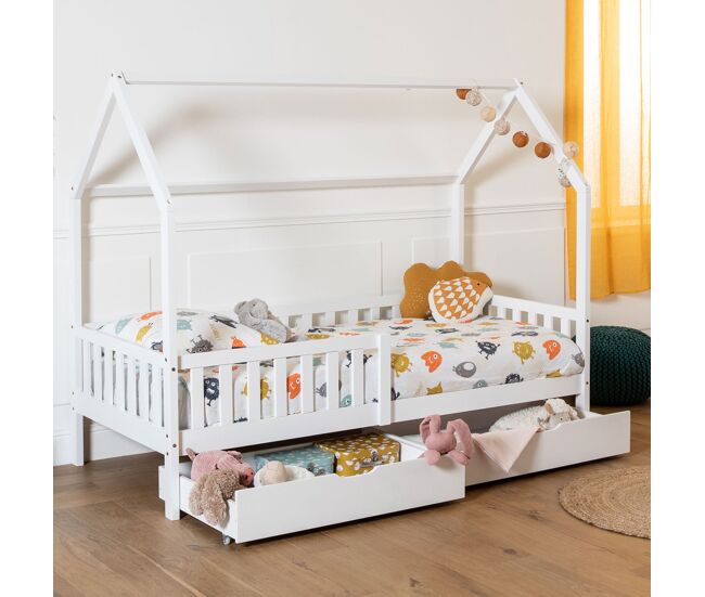 Cama cabaña blanca con cajones para niños marceau 190x90cm