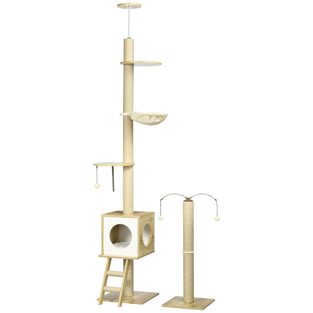 Pawhut árbol para gatos del suelo al techo 225-285 cm árbol pequeño para gatos con altura ajustable plataformas hamaca caseta poste de yute rampa y bolas para jugar 40x40x225-285 cm beige