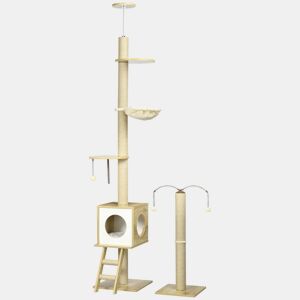PawHut Árvore para Gatos do Chão ao Teto 220-260cm Árvore Arranhador para Gatos com Altura Ajustável Plataformas Rede Caverna Poste de Juta Rampa e Bolas Suspensas 40x40225-285cm Bege