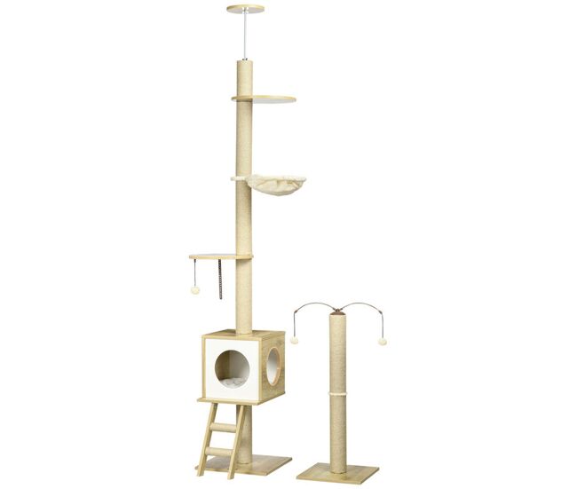 Pawhut árbol para gatos del suelo al techo 225-285 cm árbol pequeño para gatos con altura ajustable plataformas hamaca caseta poste de yute rampa y bolas para jugar 40x40x225-285 cm beige