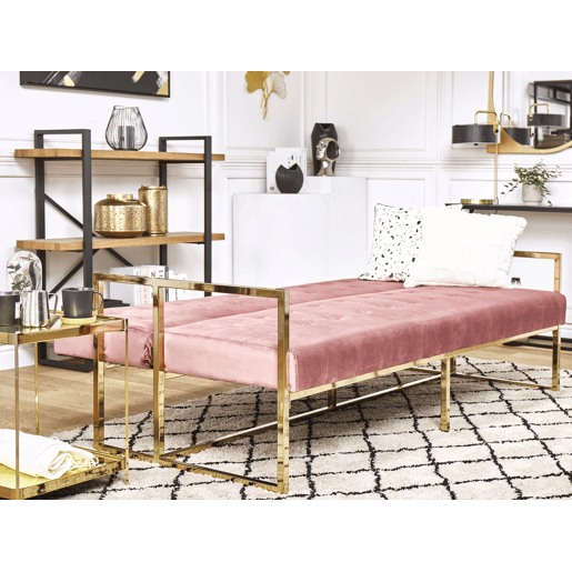 Sofá-cama de 3 lugares em veludo rosadourado MARSTAL