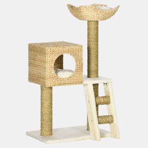 PawHut Arranhador para Gatos Médio Altura 100,5cm Arranhador para Gatos com Cama Superior Caverna 2 Almofadas 2 Postes Escada 57x37x100,5cm Bege