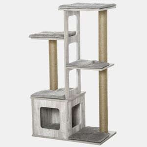 PawHut Árvore Arranhador para Gatos Arranhador de Gatos com Caverna Múltiplas Plataformas e Postes de Arranhar de Juta Brincadeira e Descanso 67x38,5x114cm Cinza
