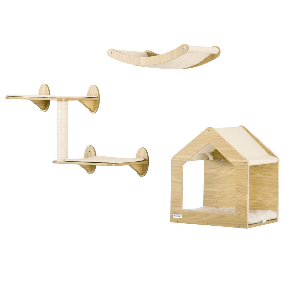 Pawhut estantes para gatos 3 piezas juego de estantes de escalada para gatos muebles de pared para gatos con caseta hamaca plataformas y poste de sisal roble