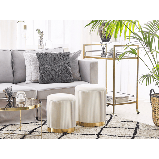 Conjunto de 2 tamboretes com arrumação MIRAMAR Veludo Branco 3531 cm 3531 cm 4439 cm