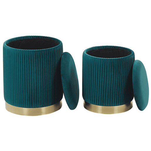 Conjunto de 2 tamboretes com arrumação MIRAMAR Veludo Azul esverdeado 3531 cm 3531 cm 4439 cm
