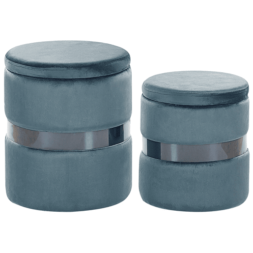 Conjunto de 2 tamboretes com arrumação DORIS Veludo Azul 3530 cm 3530 cm 4436 cm
