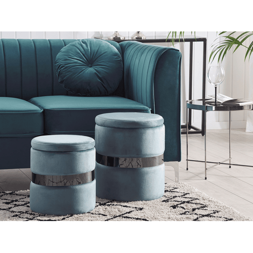 Conjunto de 2 tamboretes com arrumação DORIS Veludo Azul 3530 cm 3530 cm 4436 cm