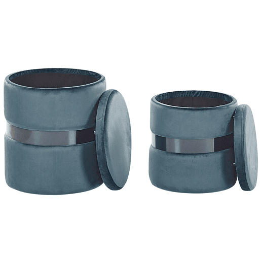 Conjunto de 2 tamboretes com arrumação DORIS Veludo Azul 3530 cm 3530 cm 4436 cm