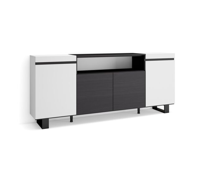 Aparador para salón gran capacidad de almacenaje 200x35x87cm 4 puertas diseño industrial estilo moderno blanco y negro