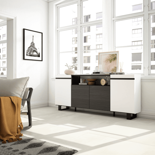 Aparador sala de jantar, Sala, Cozinha, Entrada, TV, 200x35x87cm, 4 Portas, Design industrial, Estilo moderno, Branco e preto