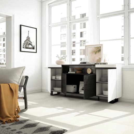 Aparador sala de jantar, Sala, Cozinha, Entrada, TV, 200x35x87cm, 4 Portas, Design industrial, Estilo moderno, Branco e preto