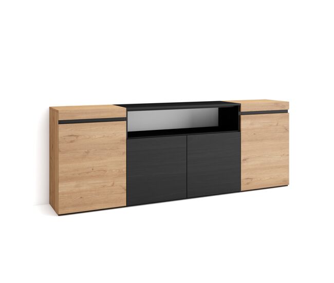Aparador para salón, gran capacidad de almacenaje 200x35x75cm 4 puertas armario, zapatero estilo moderno roble y negro