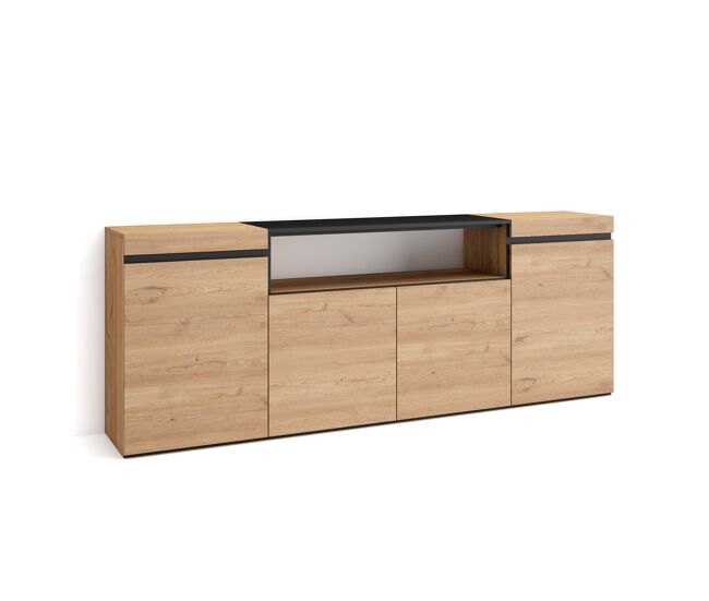 Aparador para salón, gran capacidad de almacenaje 200x35x75cm 4 puertas armario, zapatero estilo moderno roble y negro
