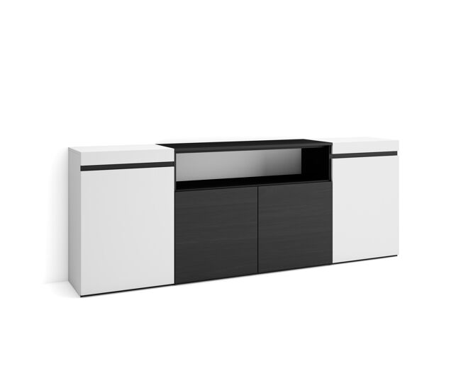 Aparador para salón, gran capacidad de almacenaje 200x35x75cm 4 puertas armario, zapatero estilo moderno blanco y negro