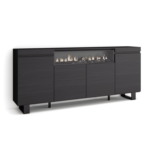 Aparador sala de jantar, Sala, Cozinha, Entrada, TV, 200x35x87cm, 4 Portas, Lareira eléctrica, Design industrial, Estilo moderno, Preto Aparador sala de jantar, Sala, Cozinha, Entrada, TV, 200x35x87cm, 4 Portas, Lareira eléctrica, Design industrial, Estilo moderno, Preto