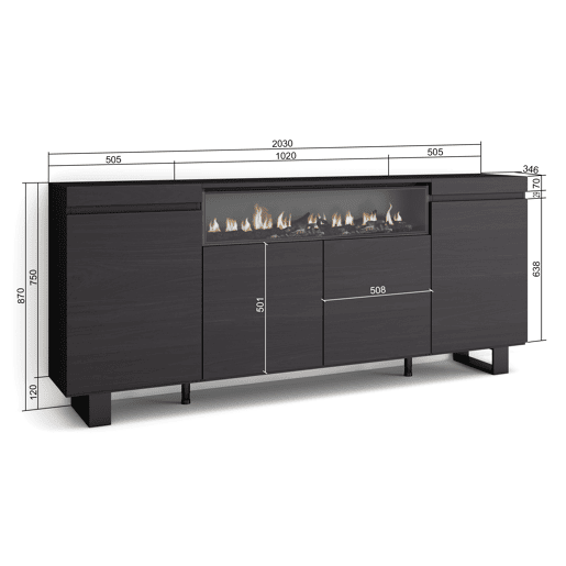 Aparador sala de jantar, Sala, Cozinha, Entrada, TV, 200x35x87cm, 4 Portas, Lareira eléctrica, Design industrial, Estilo moderno, Preto Aparador sala de jantar, Sala, Cozinha, Entrada, TV, 200x35x87cm, 4 Portas, Lareira eléctrica, Design industrial, Estilo moderno, Preto