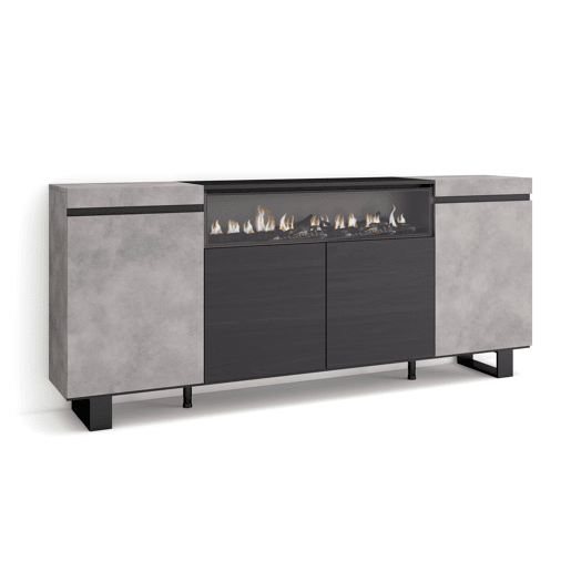 Aparador sala de jantar, Sala, Cozinha, Entrada, TV, 200x35x87cm, 4 Portas, Lareira eléctrica, Design industrial, Estilo moderno, Cimento Aparador sala de jantar, Sala, Cozinha, Entrada, TV, 200x35x87cm, 4 Portas, Lareira eléctrica, Design industrial, Estilo moderno, Cimento