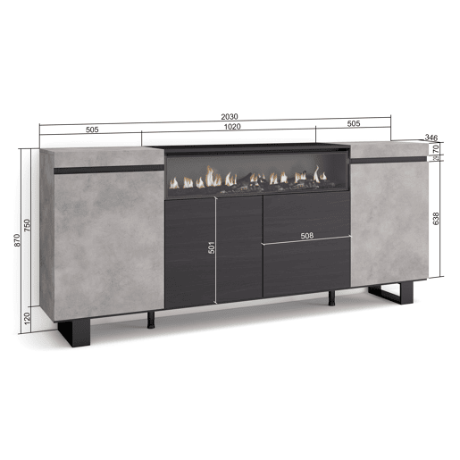 Aparador sala de jantar, Sala, Cozinha, Entrada, TV, 200x35x87cm, 4 Portas, Lareira eléctrica, Design industrial, Estilo moderno, Cimento Aparador sala de jantar, Sala, Cozinha, Entrada, TV, 200x35x87cm, 4 Portas, Lareira eléctrica, Design industrial, Estilo moderno, Cimento