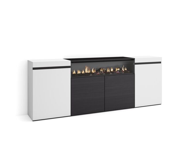 Aparador para salón gran capacidad de almacenaje 200x35x75cm 4 puertas chimenea eléctrica estilo moderno blanco y negro