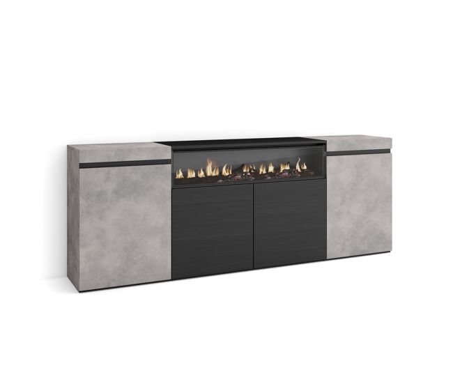 Aparador para salón gran capacidad de almacenaje 200x35x75cm 4 puertas chimenea eléctrica estilo moderno cemento