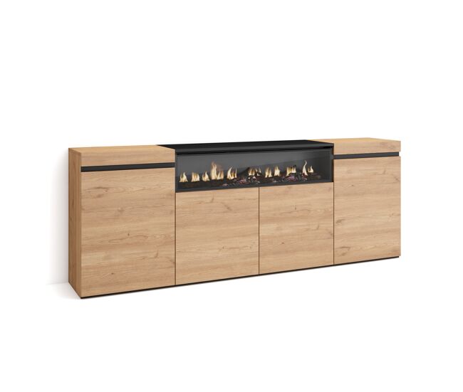Aparador para salón gran capacidad de almacenaje 200x35x75cm 4 puertas chimenea eléctrica estilo moderno roble y negro
