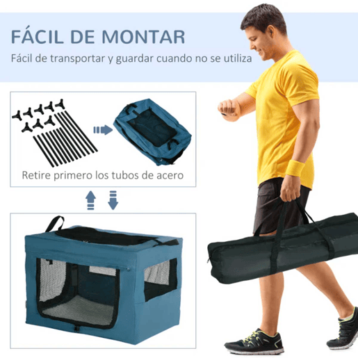 PawHut Transportadora para Cães e Gatos Bolsa Portátil e Dobrável para Animais de Estimação Transportadora com 3 Portas e Almofada Suave 60x42x42 cm Azul