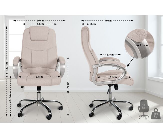 Silla de oficina xxl apoll en tela con asiento ergonómico y reposabrazos 66x70x113cm color crema