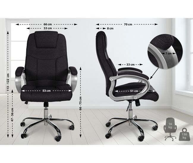 Silla de oficina xxl apoll en tela con asiento ergonómico y reposabrazos 66x70x113cm color negro