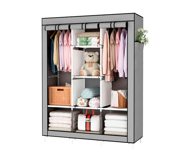 Armario vestidor de tela con puertas de cremallera y bolsillos laterales nyana home medidas 170x127x45cm