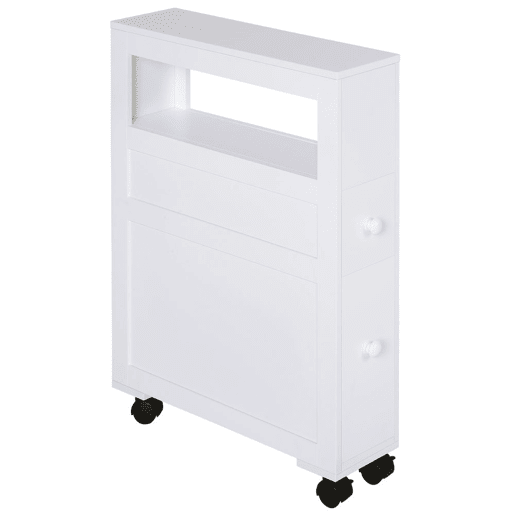 HOMCOM Móvel Auxiliar Casa de Banho Móvel Casa de Banho para Espaços Reduzidos com 4 Rodas Prateleira Aberta e Gavetas 16x52x71,5 cm Branco