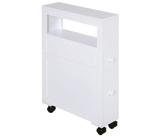 Homcom armario de baño con ruedas mueble de baño estrecho con 2 cajones y estante de almacenamiento carga 20 kg 16x52x71,5 cm blanco