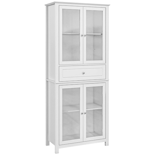 HOMCOM Armário de Cozinha Móvel Auxiliar com 4 Portas de Vidro Temperado Gaveta e Prateleiras Ajustáveis para Sala de Estar Sala de Jantar 74x35,5x181,5 cm Branco