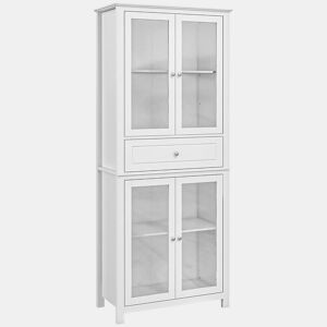 HOMCOM Armário de Cozinha Móvel Auxiliar com 4 Portas de Vidro Temperado Gaveta e Prateleiras Ajustáveis para Sala de Estar Sala de Jantar 74x35,5x181,5 cm Branco