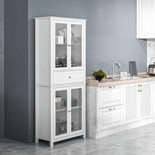 HOMCOM Armário de Cozinha Móvel Auxiliar com 4 Portas de Vidro Temperado Gaveta e Prateleiras Ajustáveis para Sala de Estar Sala de Jantar 74x35,5x181,5 cm Branco