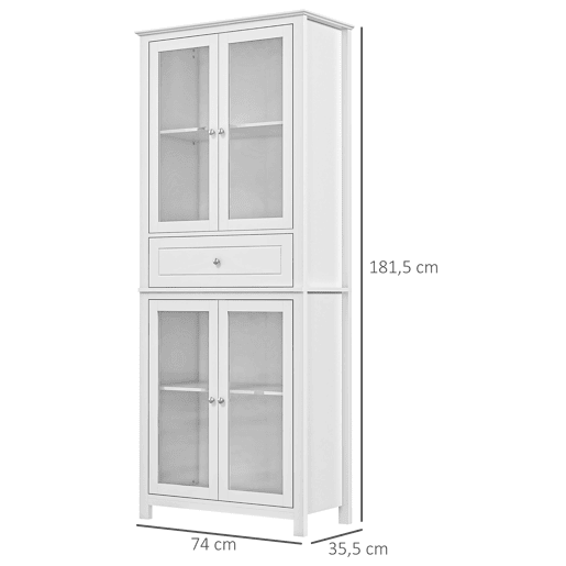 HOMCOM Armário de Cozinha Móvel Auxiliar com 4 Portas de Vidro Temperado Gaveta e Prateleiras Ajustáveis para Sala de Estar Sala de Jantar 74x35,5x181,5 cm Branco