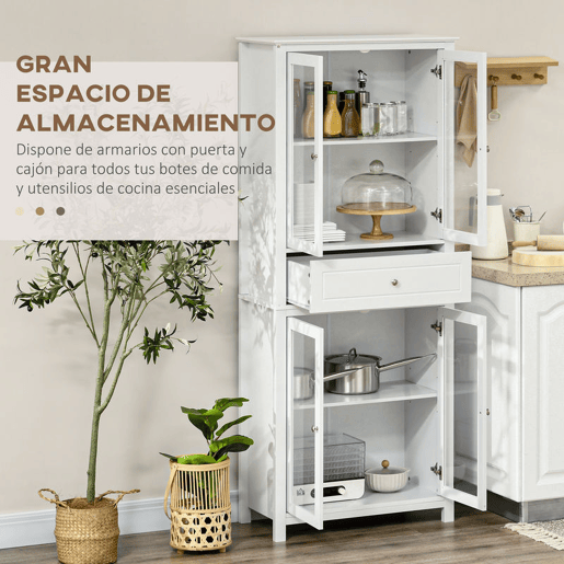 HOMCOM Armário de Cozinha Móvel Auxiliar com 4 Portas de Vidro Temperado Gaveta e Prateleiras Ajustáveis para Sala de Estar Sala de Jantar 74x35,5x181,5 cm Branco