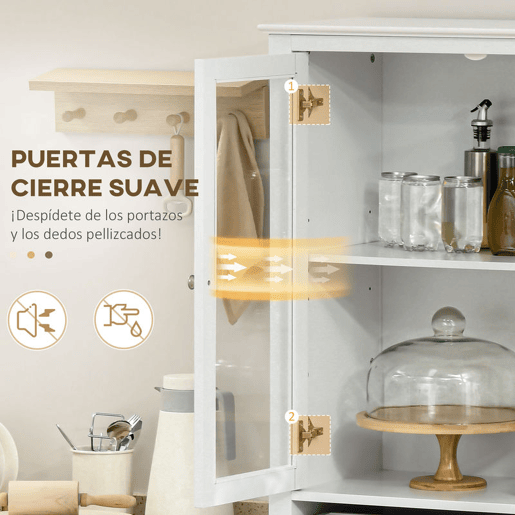 HOMCOM Armário de Cozinha Móvel Auxiliar com 4 Portas de Vidro Temperado Gaveta e Prateleiras Ajustáveis para Sala de Estar Sala de Jantar 74x35,5x181,5 cm Branco