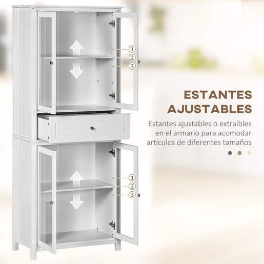 HOMCOM Armário de Cozinha Móvel Auxiliar com 4 Portas de Vidro Temperado Gaveta e Prateleiras Ajustáveis para Sala de Estar Sala de Jantar 74x35,5x181,5 cm Branco