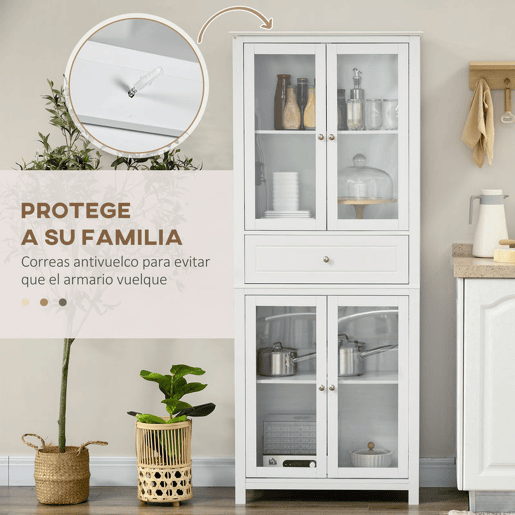 HOMCOM Armário de Cozinha Móvel Auxiliar com 4 Portas de Vidro Temperado Gaveta e Prateleiras Ajustáveis para Sala de Estar Sala de Jantar 74x35,5x181,5 cm Branco